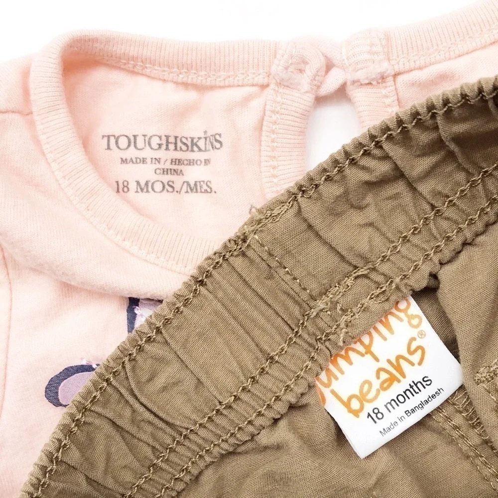 Toughskins floral LOVE shirt + Jumping Beans tan short baby girl outfit